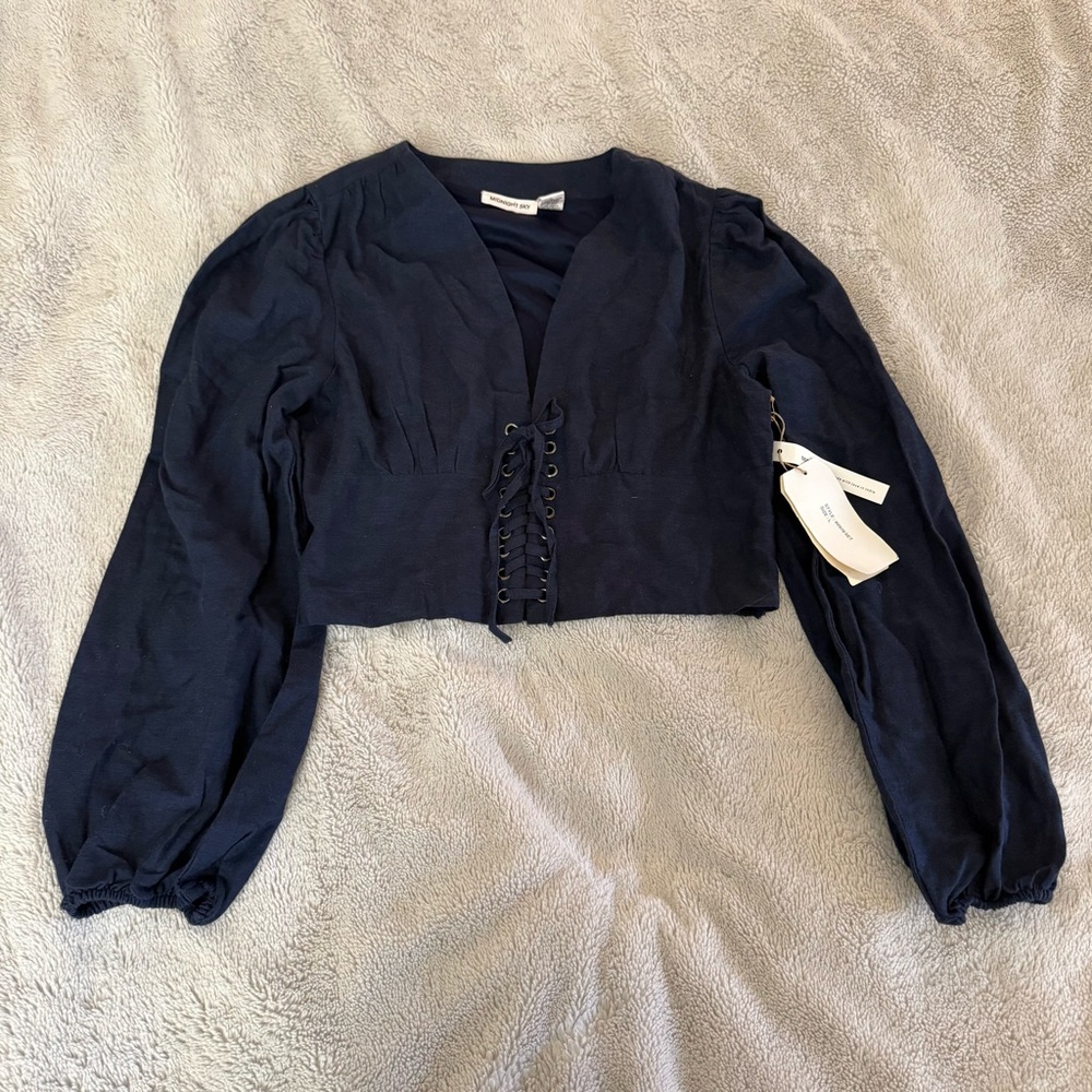 Midnight Sky Lace-Up Linen Blend Crop Top